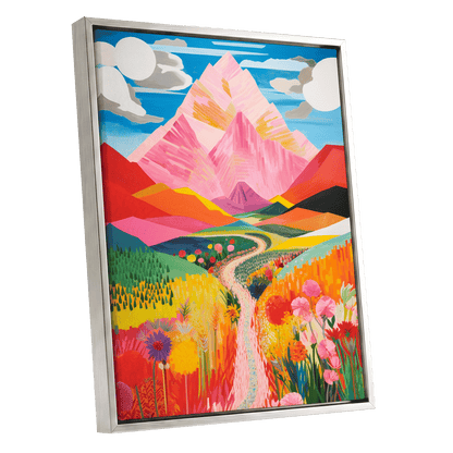 Path to the Pink Peaks, pink, orange, blue nature wall art shown as a silver framed canvas wall art