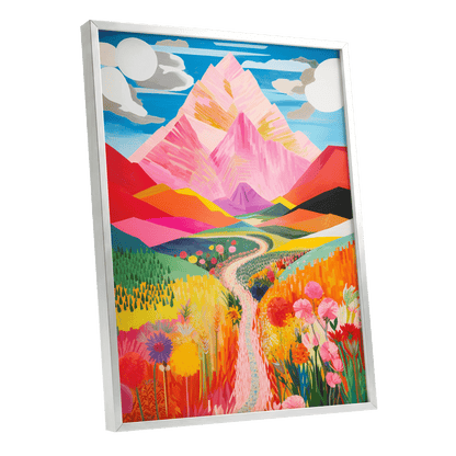Path to the Pink Peaks, pink, orange, blue nature wall art shown as a silver framed poster wall art print
