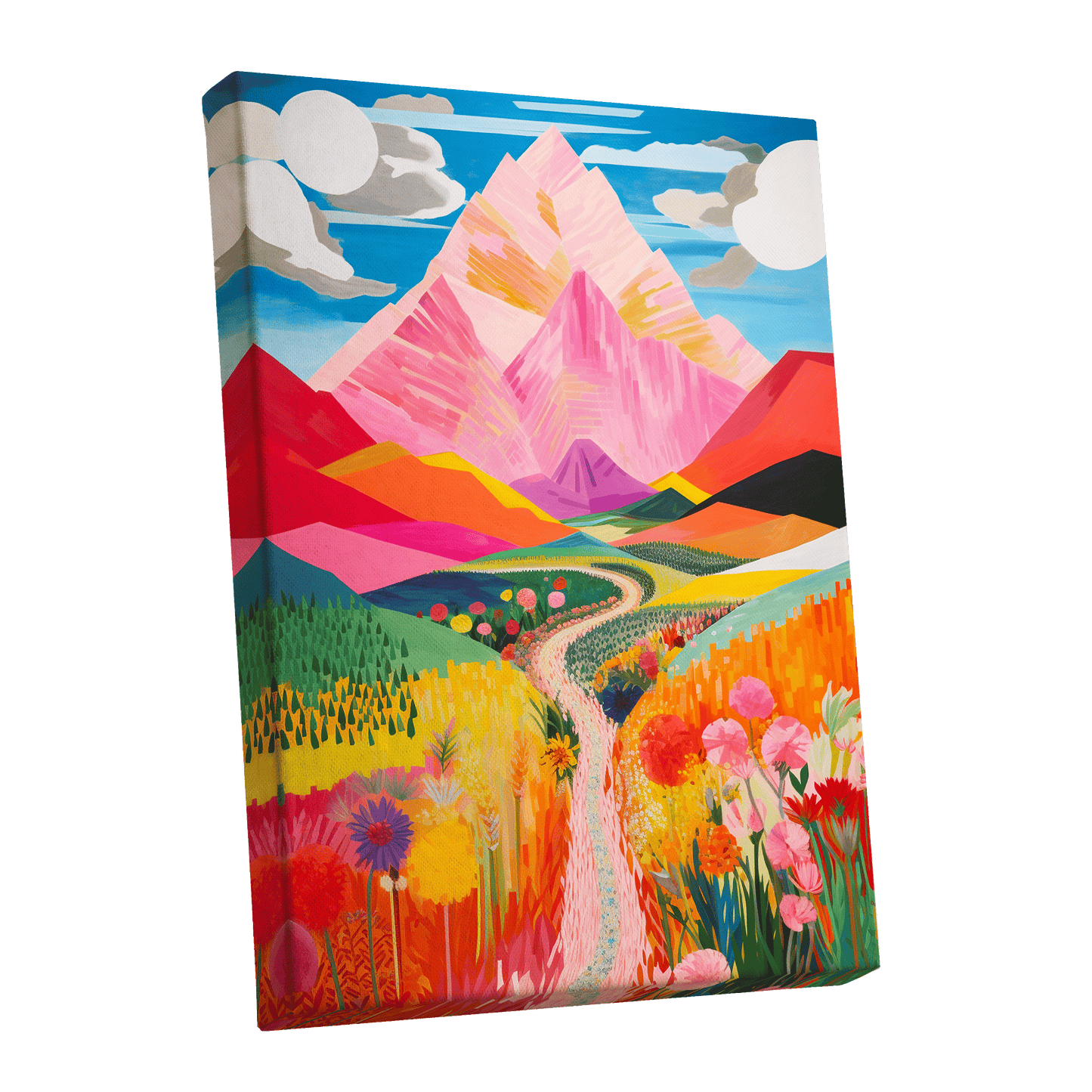Path to the Pink Peaks, pink, orange, blue nature wall art shown as a stretched canvas wall art