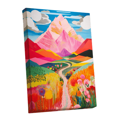 Path to the Pink Peaks, pink, orange, blue nature wall art shown as a stretched canvas wall art