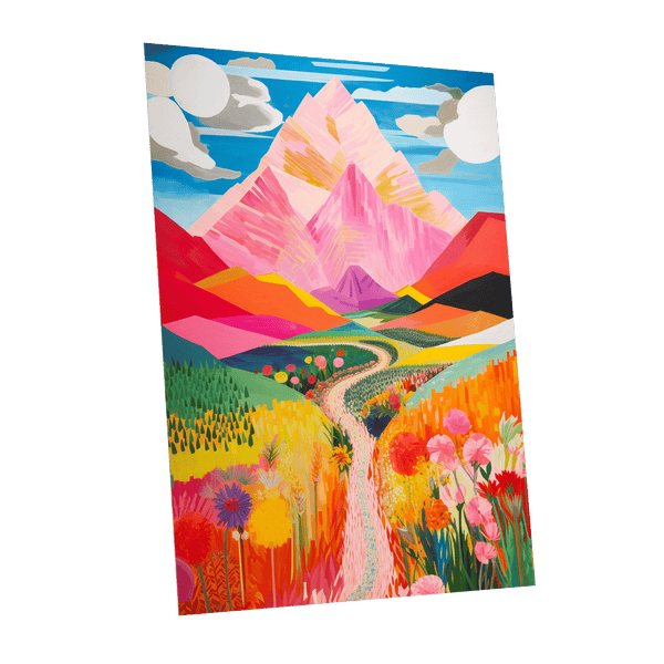 Path to the Pink Peaks, pink, orange, blue nature wall art shown as a unframed poster wall art print