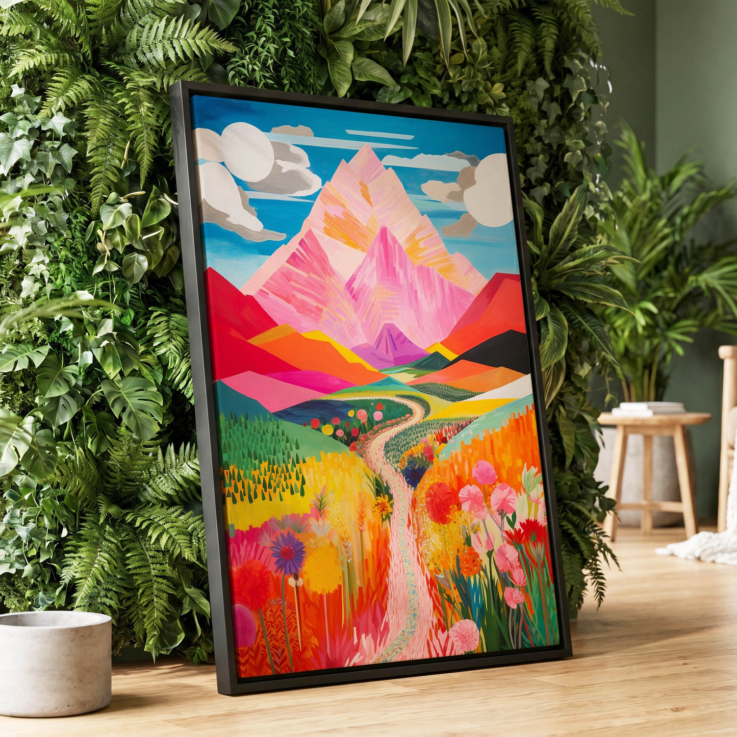 Path to the Pink Peaks, pink, orange, blue nature wall art displayed in a styled interior, gallery view 1