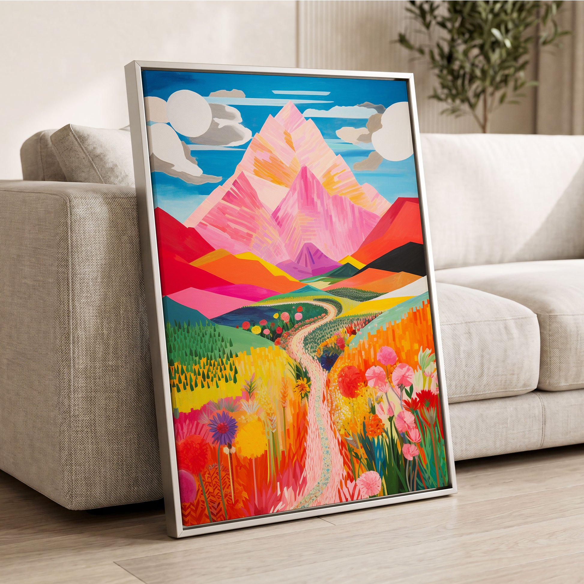 Path to the Pink Peaks, pink, orange, blue nature wall art displayed in a styled interior, gallery view 2