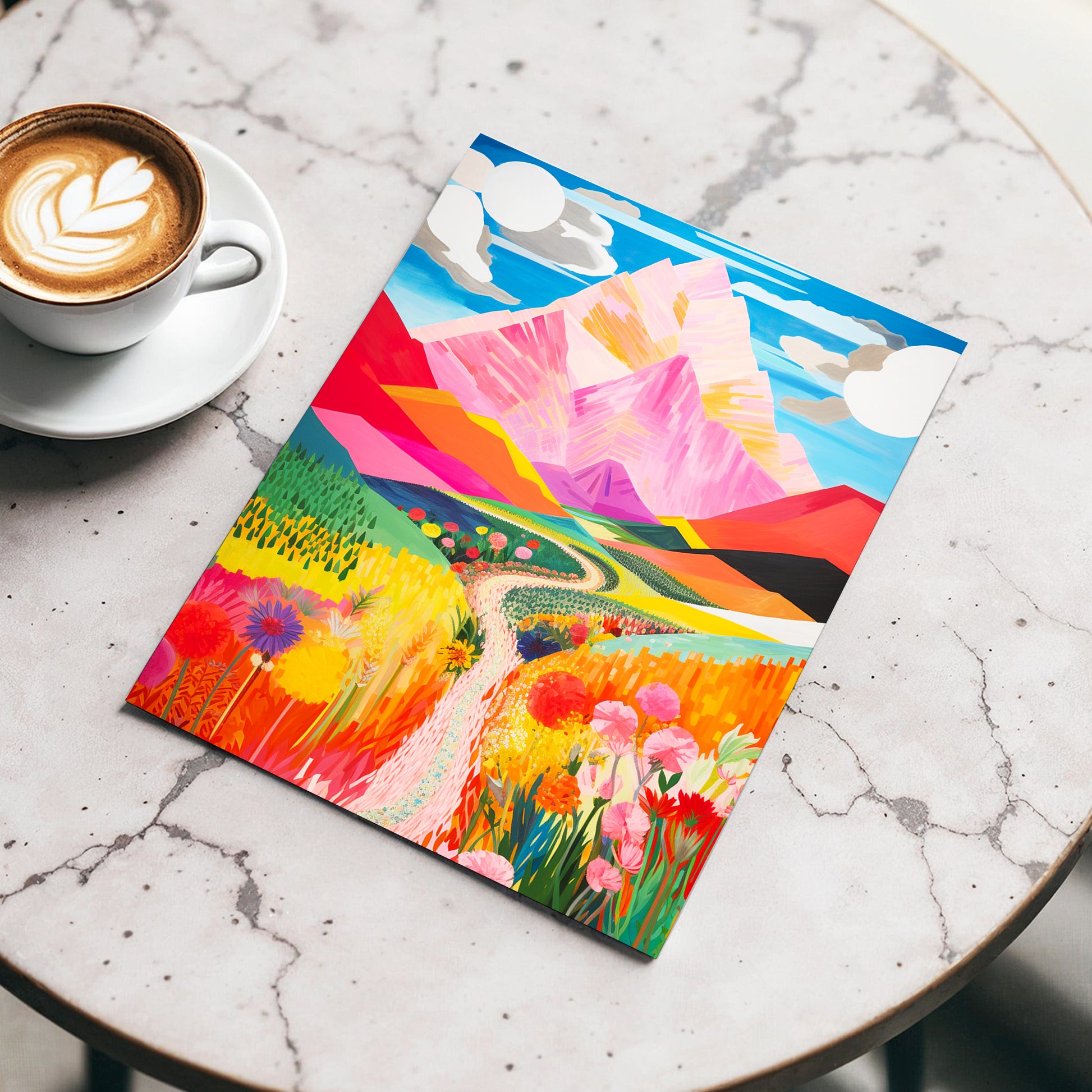 Path to the Pink Peaks, pink, orange, blue nature wall art displayed in a styled interior, gallery view 3