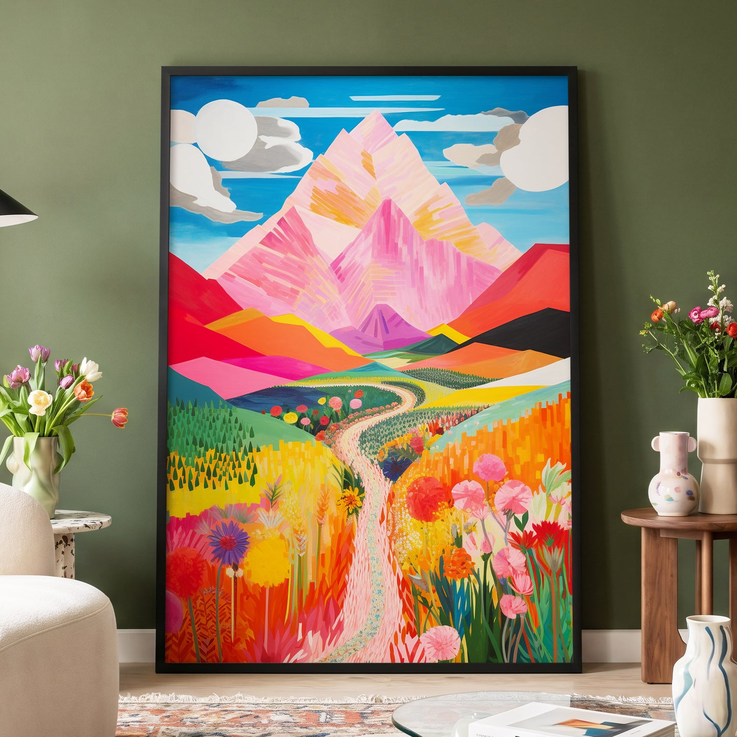 Path to the Pink Peaks, pink, orange, blue nature wall art displayed in a styled interior, gallery view 4