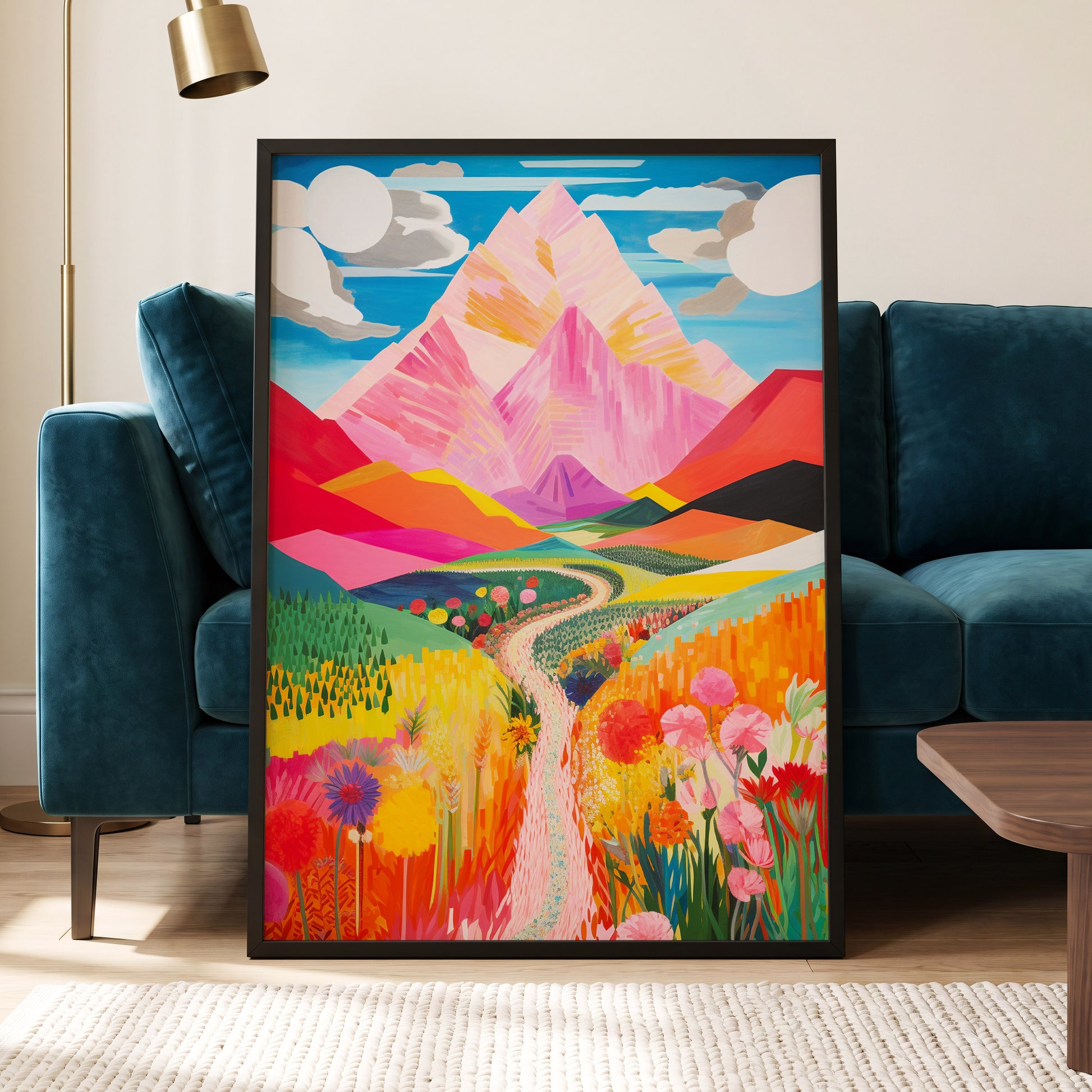 Path to the Pink Peaks, pink, orange, blue nature wall art displayed in a styled interior, gallery view 5
