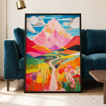 Path to the Pink Peaks, pink, orange, blue nature wall art displayed in a styled interior, gallery view 5