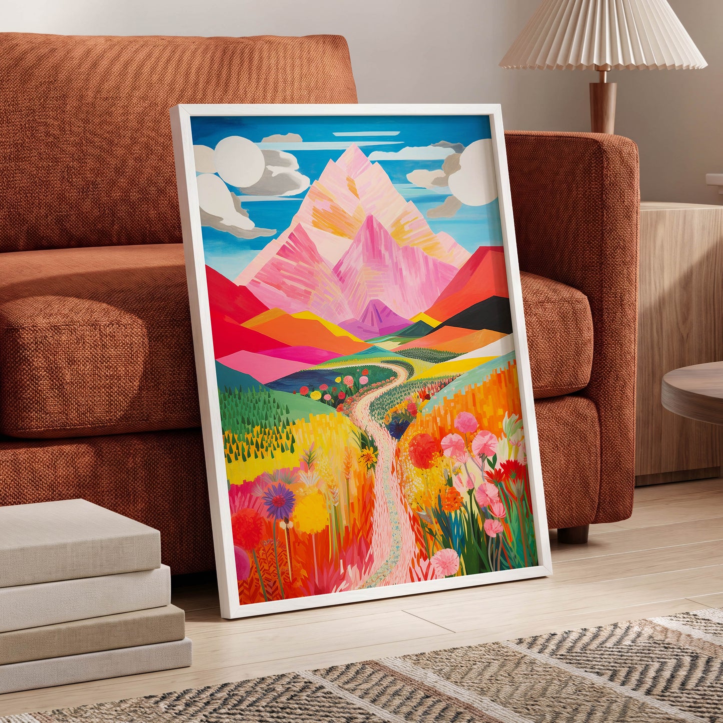 Path to the Pink Peaks, pink, orange, blue nature wall art displayed in a styled interior, gallery view 6