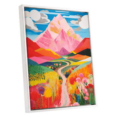 Path to the Pink Peaks, pink, orange, blue nature wall art shown as a white framed canvas wall art