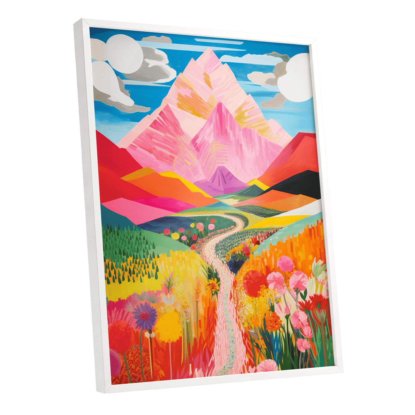 Path to the Pink Peaks, pink, orange, blue nature wall art shown as a white framed poster wall art print
