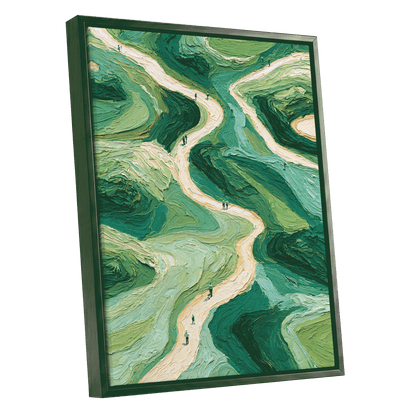 Paths Through Verdure, green, beige, blue nature wall art shown as a black framed canvas wall art