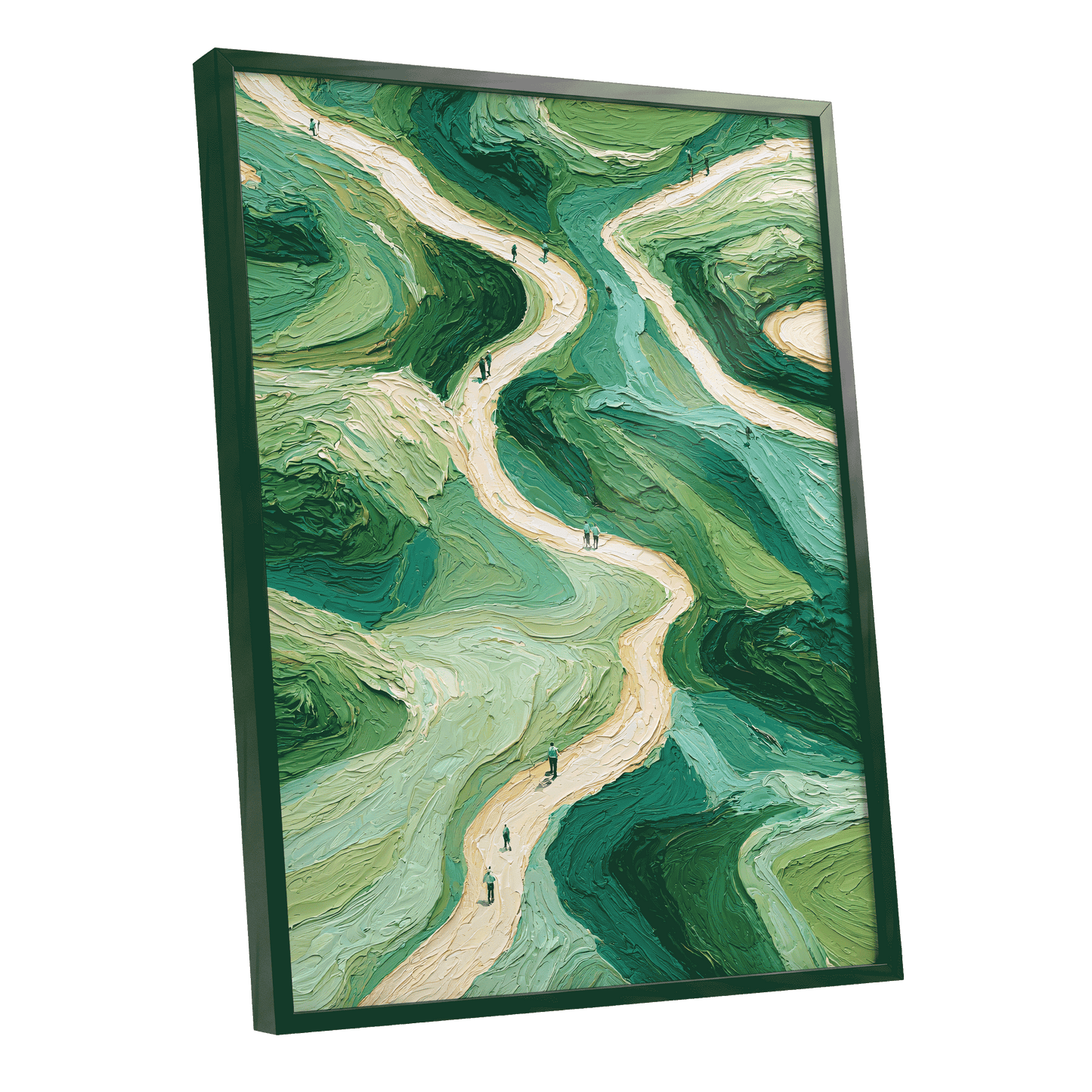 Paths Through Verdure, green, beige, blue nature wall art shown as a black framed poster wall art print
