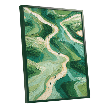 Paths Through Verdure, green, beige, blue nature wall art shown as a black framed poster wall art print