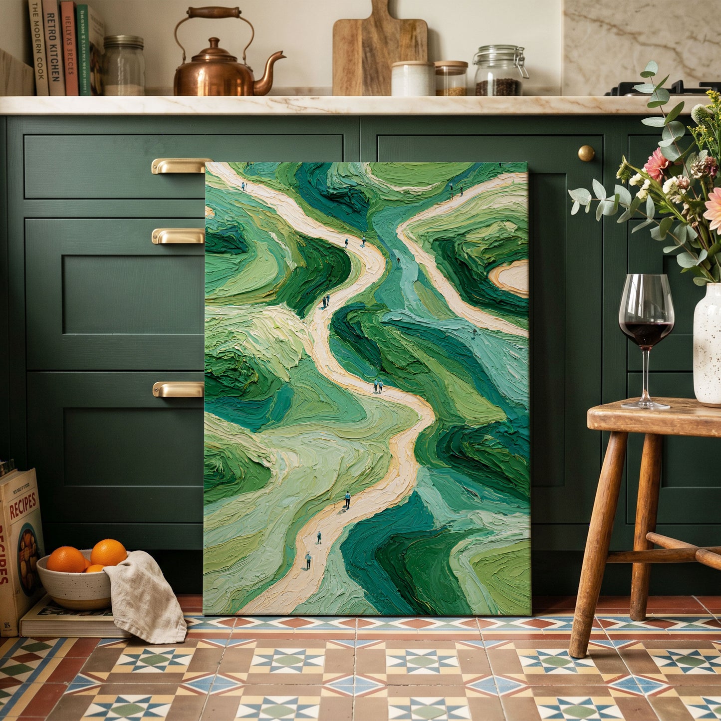 Paths Through Verdure, green, beige, blue nature wall art on canvas displayed in a styled interior, gallery view 1