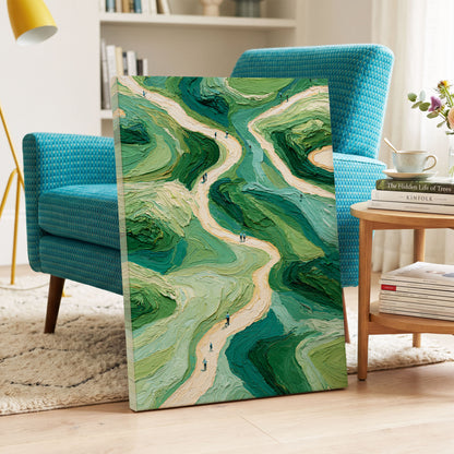 Paths Through Verdure, green, beige, blue nature wall art on canvas displayed in a styled interior, gallery view 2