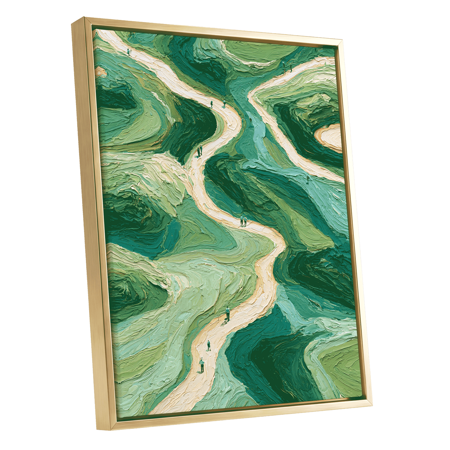 Paths Through Verdure, green, beige, blue nature wall art shown as a gold framed canvas wall art