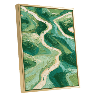 Paths Through Verdure, green, beige, blue nature wall art shown as a gold framed canvas wall art