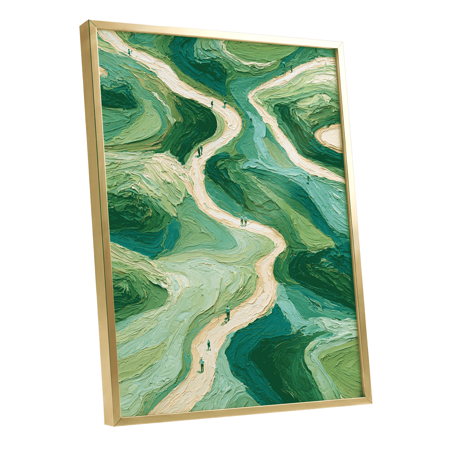 Paths Through Verdure, green, beige, blue nature wall art shown as a gold framed poster wall art print