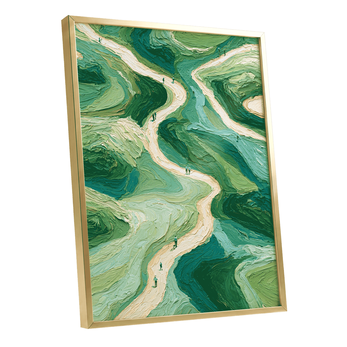 Paths Through Verdure, green, beige, blue nature wall art shown as a gold framed poster wall art print