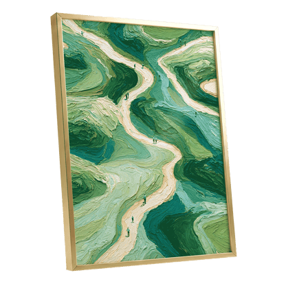 Paths Through Verdure, green, beige, blue nature wall art shown as a gold framed poster wall art print