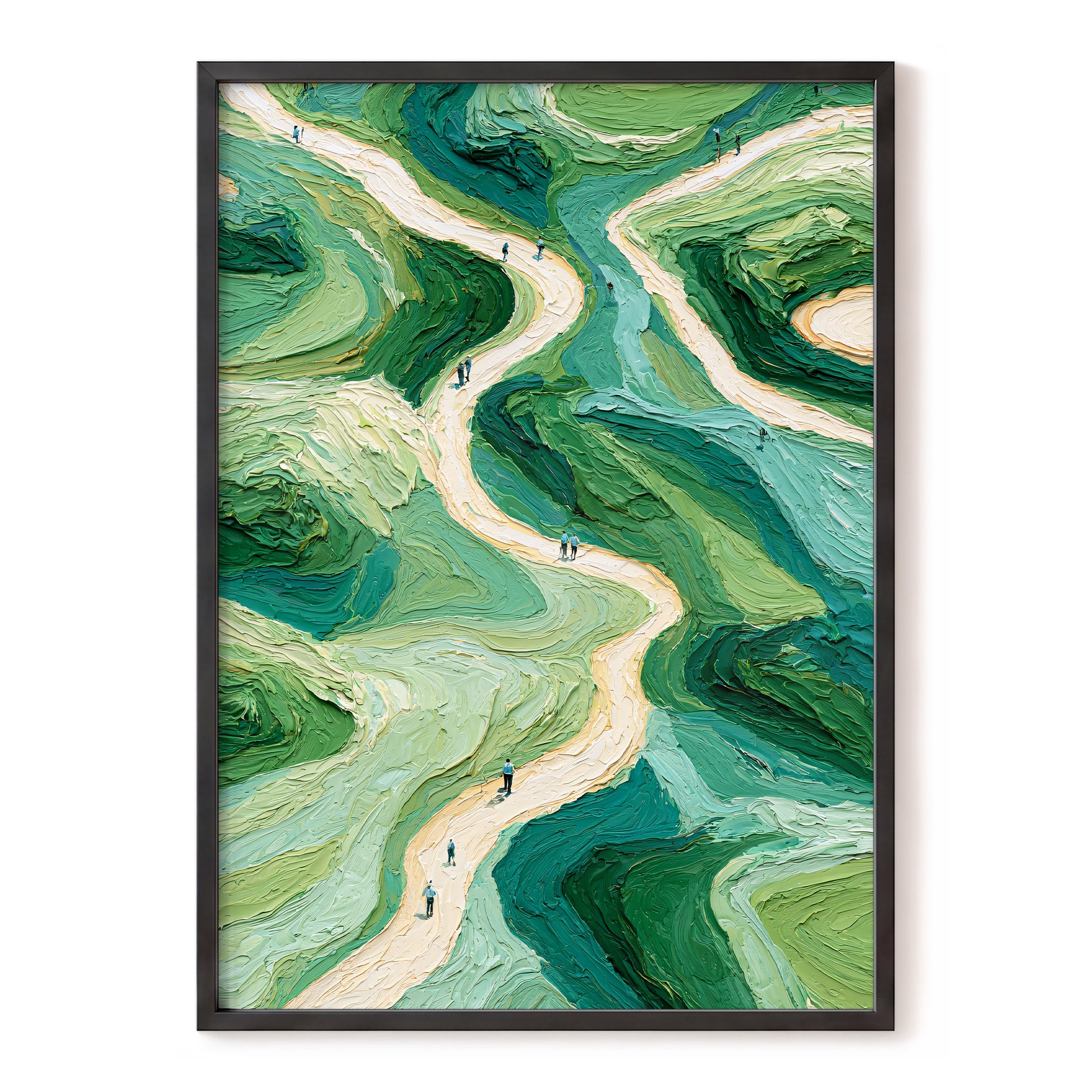 Paths Through Verdure, green, beige, blue nature wall art, front artwork view