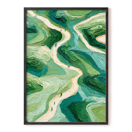 Paths Through Verdure, green, beige, blue nature wall art, front artwork view