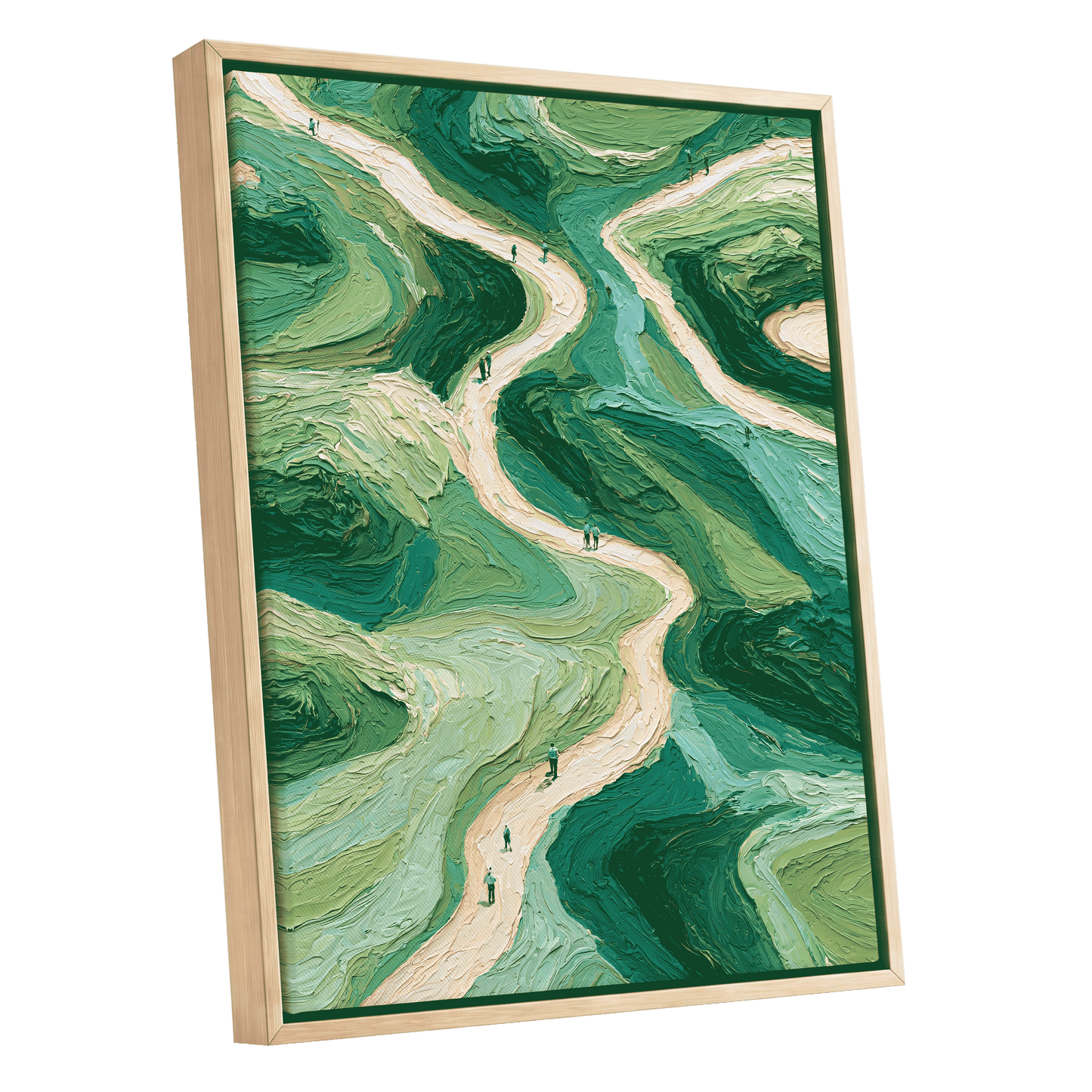 Paths Through Verdure, green, beige, blue nature wall art shown as a oak framed canvas wall art