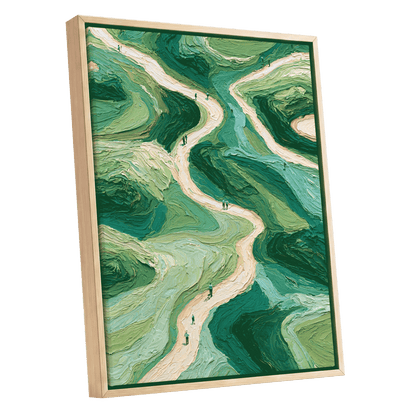 Paths Through Verdure, green, beige, blue nature wall art shown as a oak framed canvas wall art