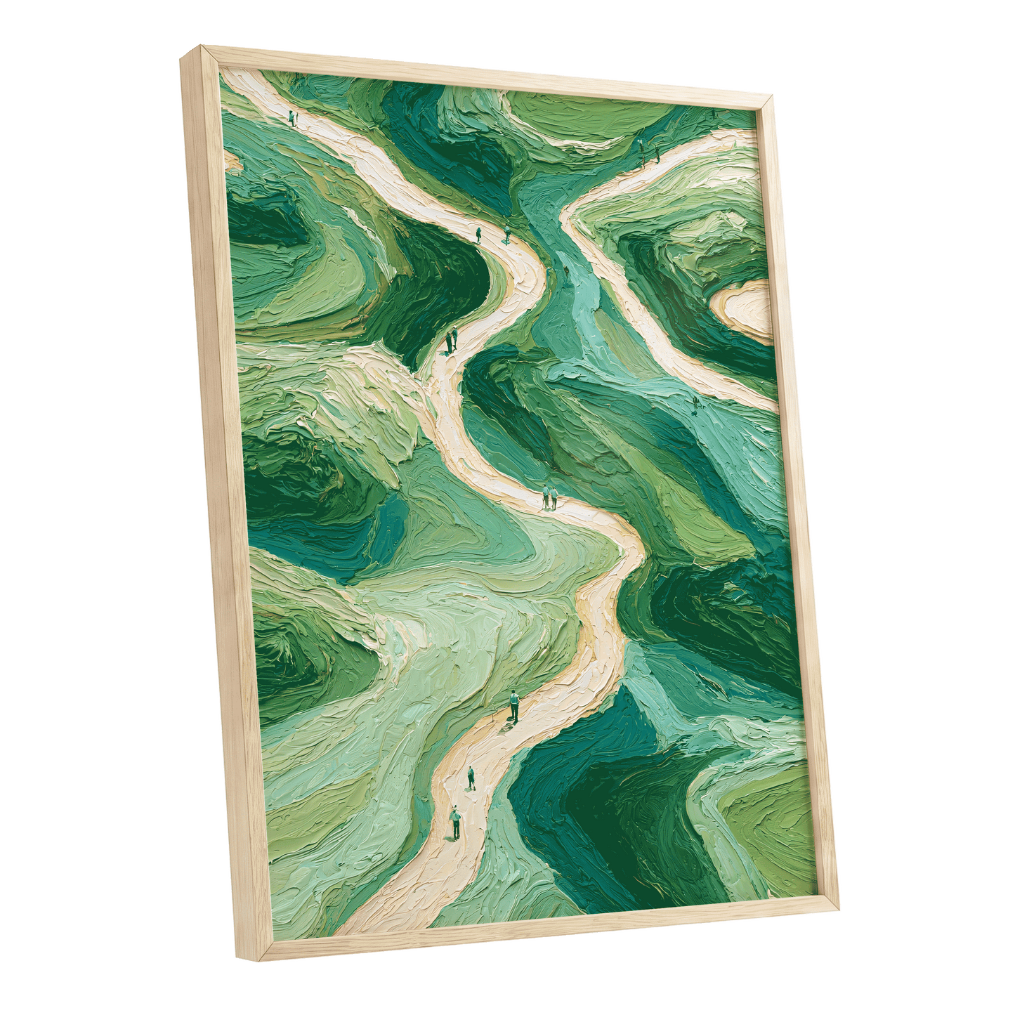 Paths Through Verdure, green, beige, blue nature wall art shown as a oak framed poster wall art print