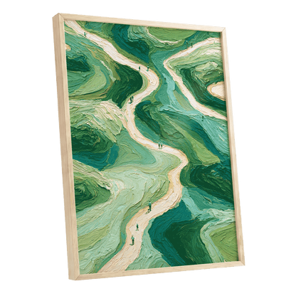 Paths Through Verdure, green, beige, blue nature wall art shown as a oak framed poster wall art print