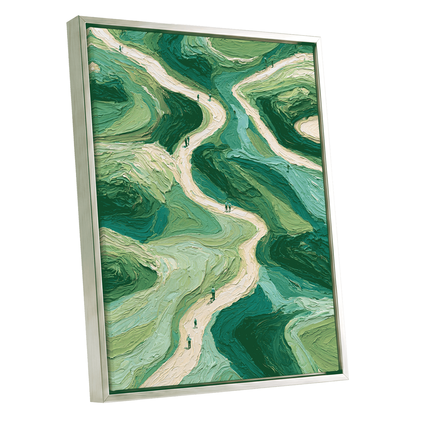 Paths Through Verdure, green, beige, blue nature wall art shown as a silver framed canvas wall art