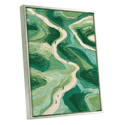 Paths Through Verdure, green, beige, blue nature wall art shown as a silver framed canvas wall art