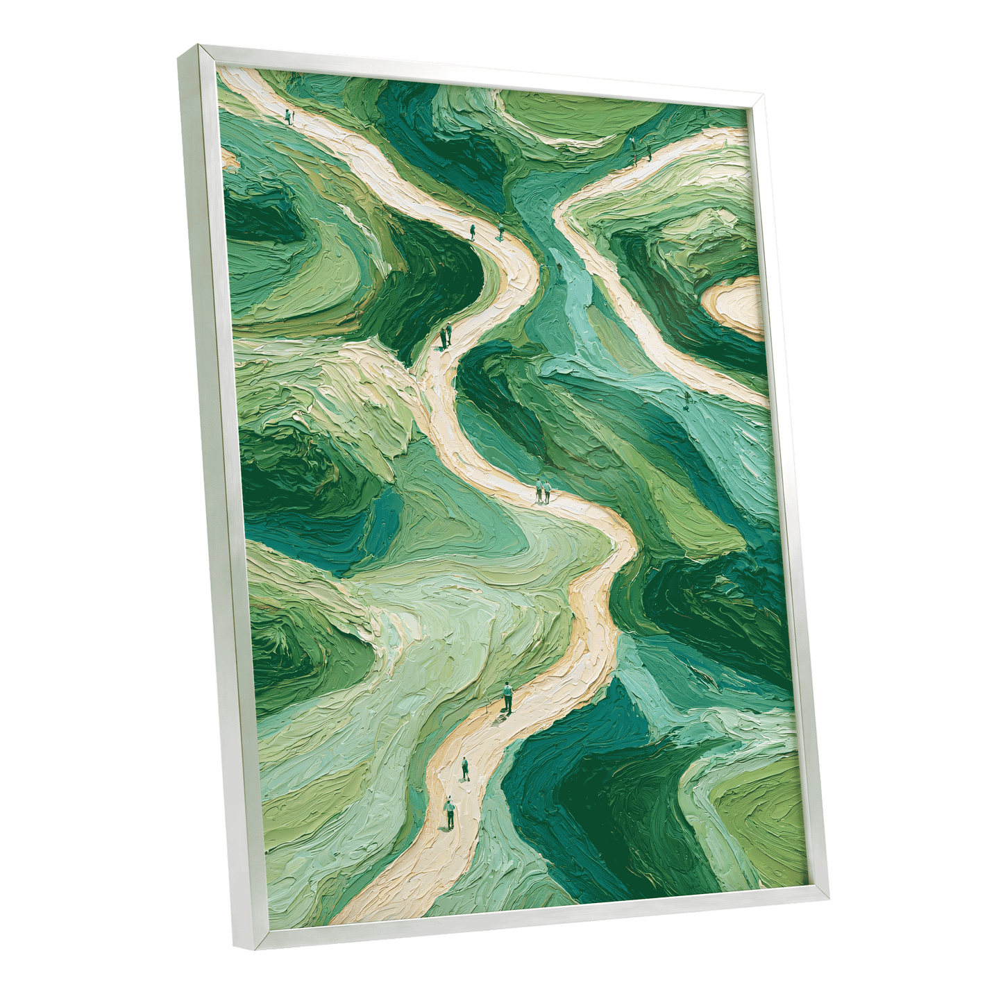 Paths Through Verdure, green, beige, blue nature wall art shown as a silver framed poster wall art print