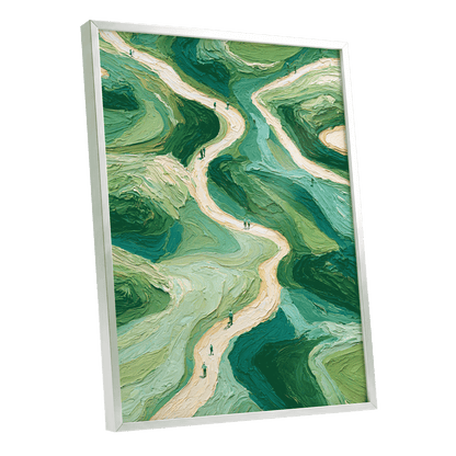 Paths Through Verdure, green, beige, blue nature wall art shown as a silver framed poster wall art print