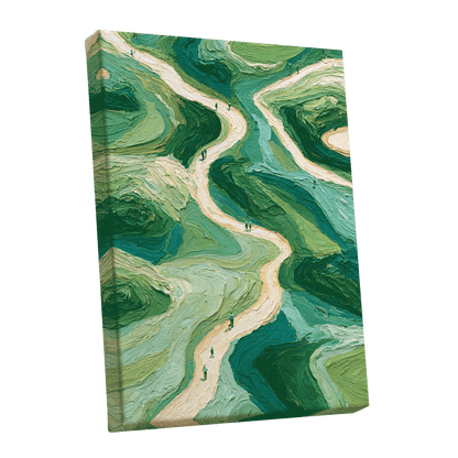 Paths Through Verdure, green, beige, blue nature wall art shown as a stretched canvas wall art