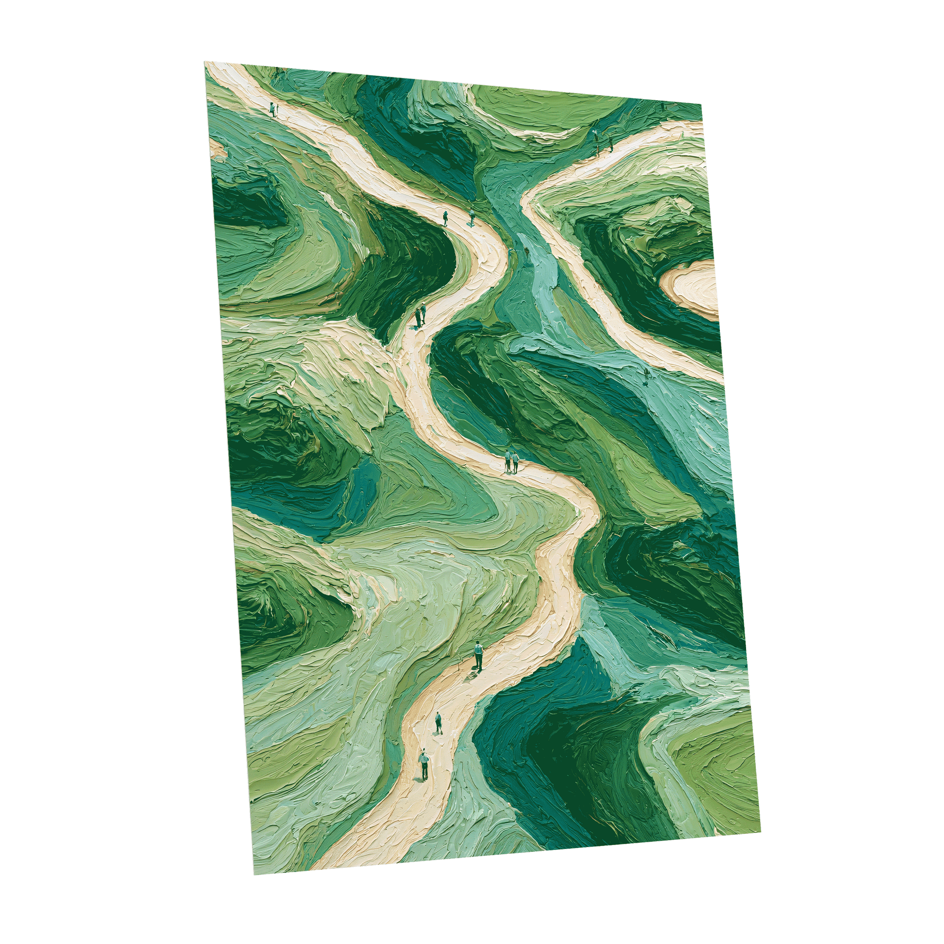 Paths Through Verdure, green, beige, blue nature wall art shown as a unframed poster wall art print
