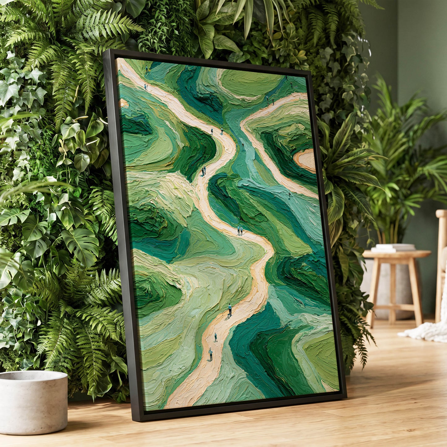 Paths Through Verdure, green, beige, blue nature wall art displayed in a styled interior, gallery view 1