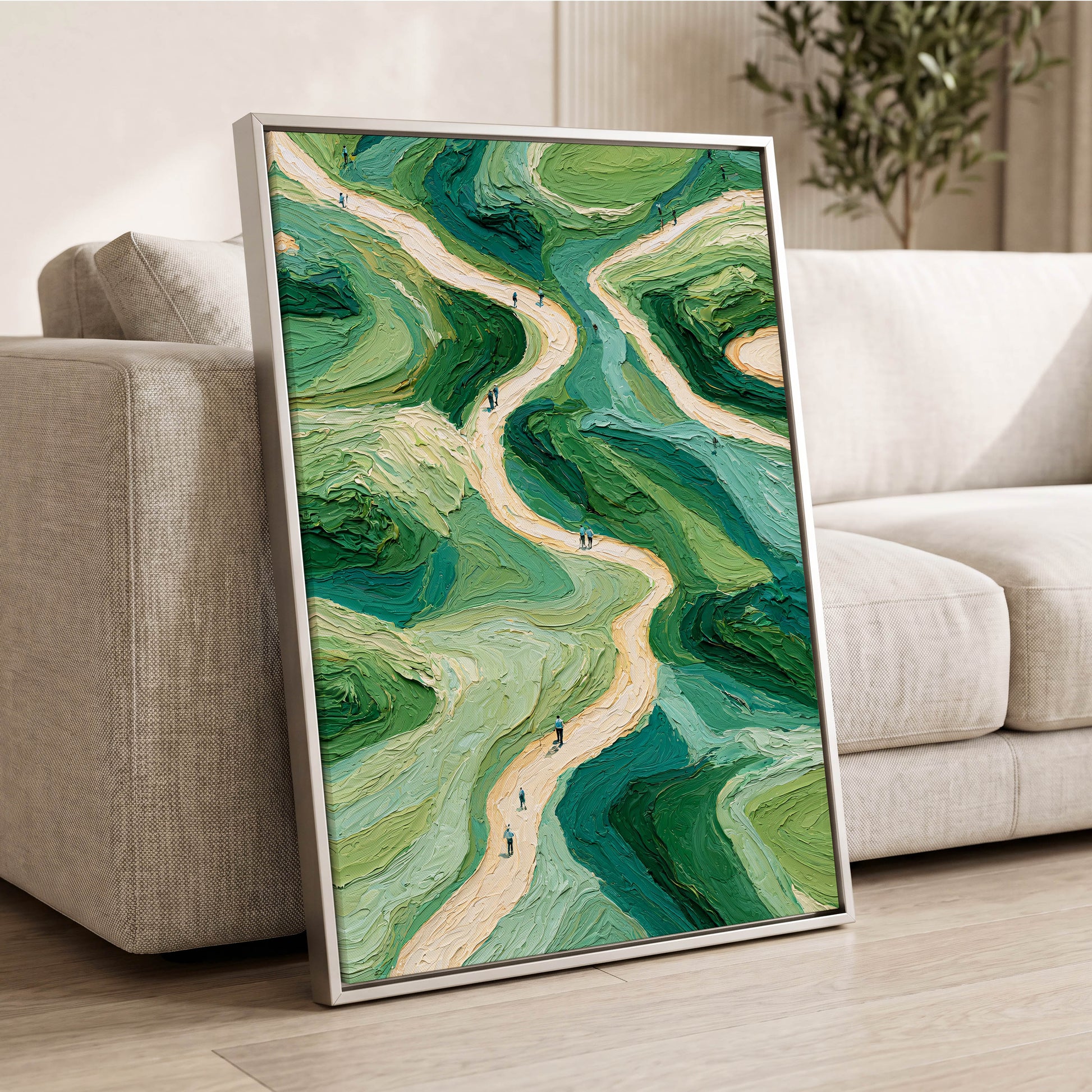 Paths Through Verdure, green, beige, blue nature wall art displayed in a styled interior, gallery view 2