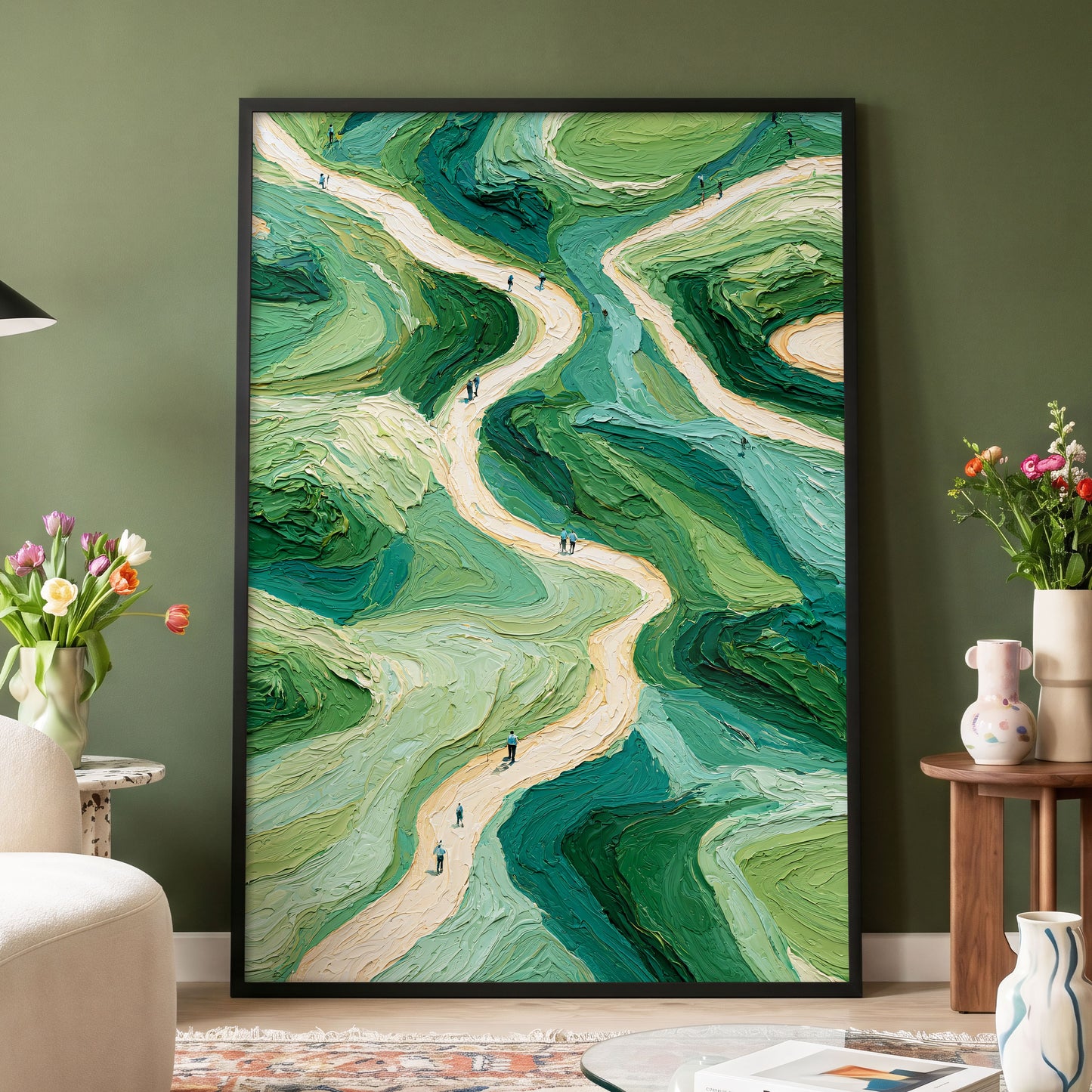 Paths Through Verdure, green, beige, blue nature wall art displayed in a styled interior, gallery view 4