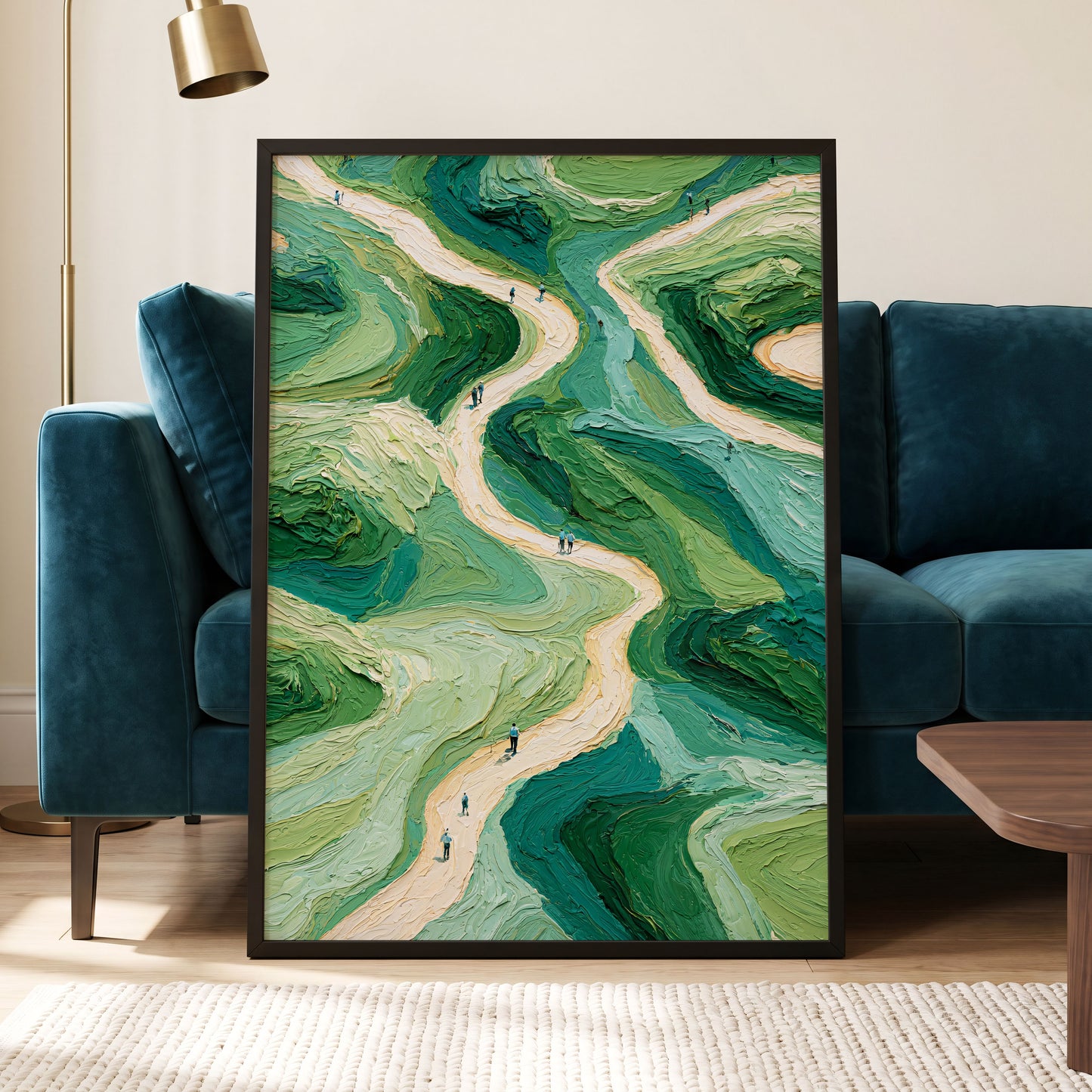 Paths Through Verdure, green, beige, blue nature wall art displayed in a styled interior, gallery view 6