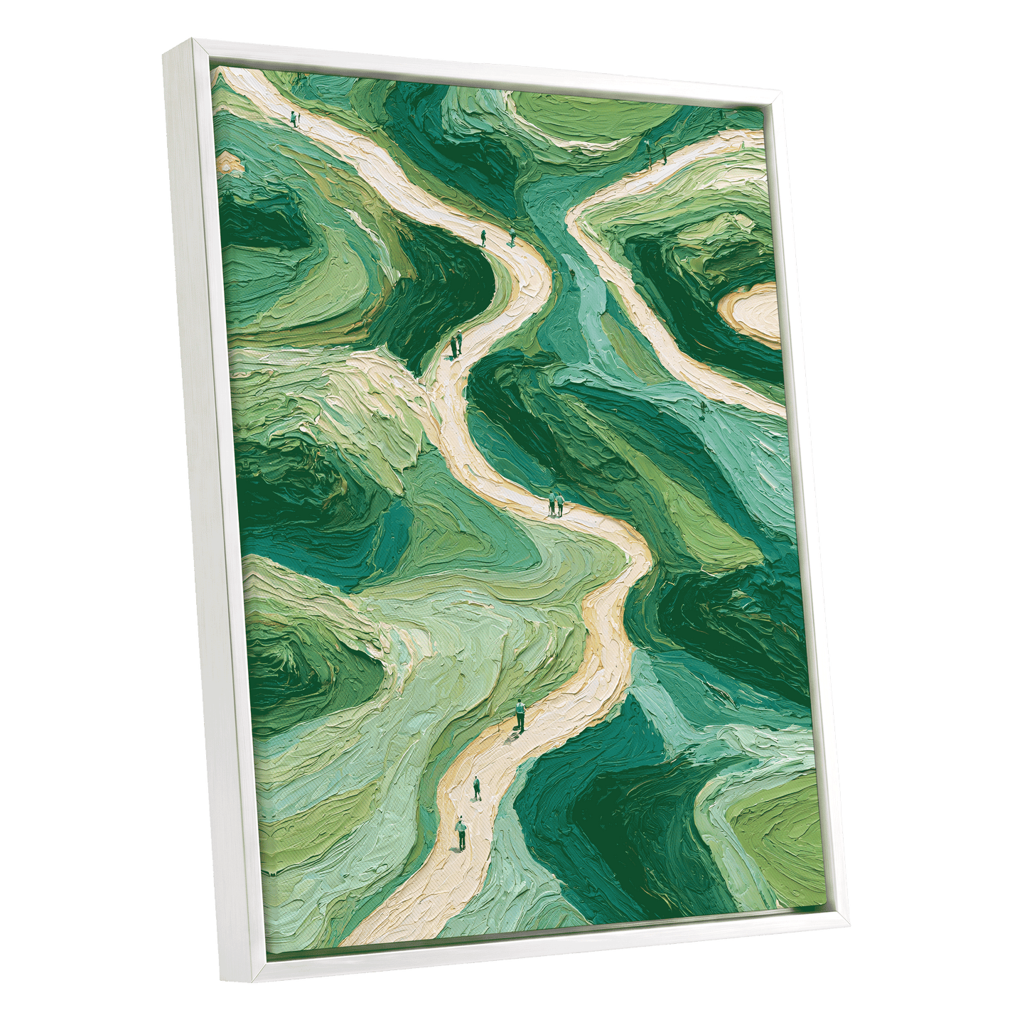 Paths Through Verdure, green, beige, blue nature wall art shown as a white framed canvas wall art