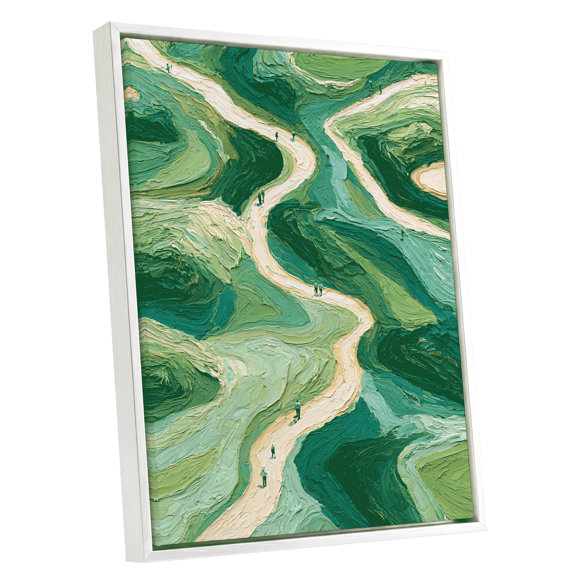 Paths Through Verdure, green, beige, blue nature wall art shown as a white framed canvas wall art