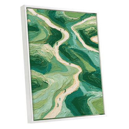 Paths Through Verdure, green, beige, blue nature wall art shown as a white framed canvas wall art