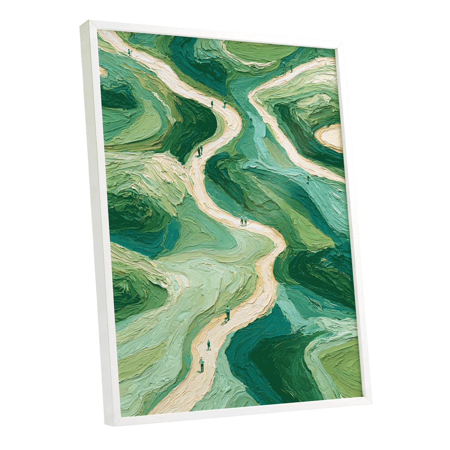 Paths Through Verdure, green, beige, blue nature wall art shown as a white framed poster wall art print