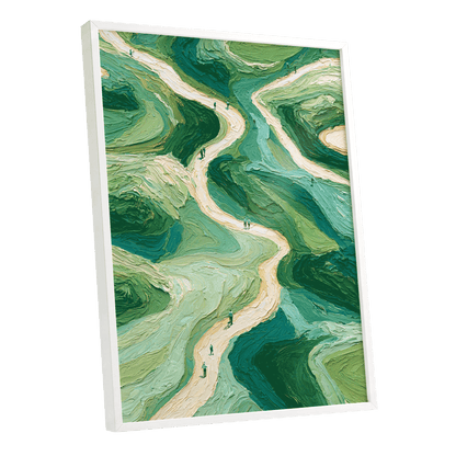 Paths Through Verdure, green, beige, blue nature wall art shown as a white framed poster wall art print