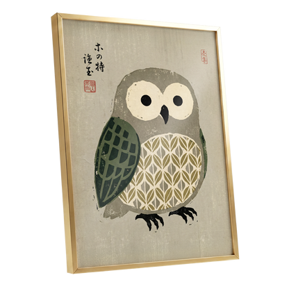 Patterned Owl Study, beige, gray, green nature wall art shown as a gold framed poster wall art print