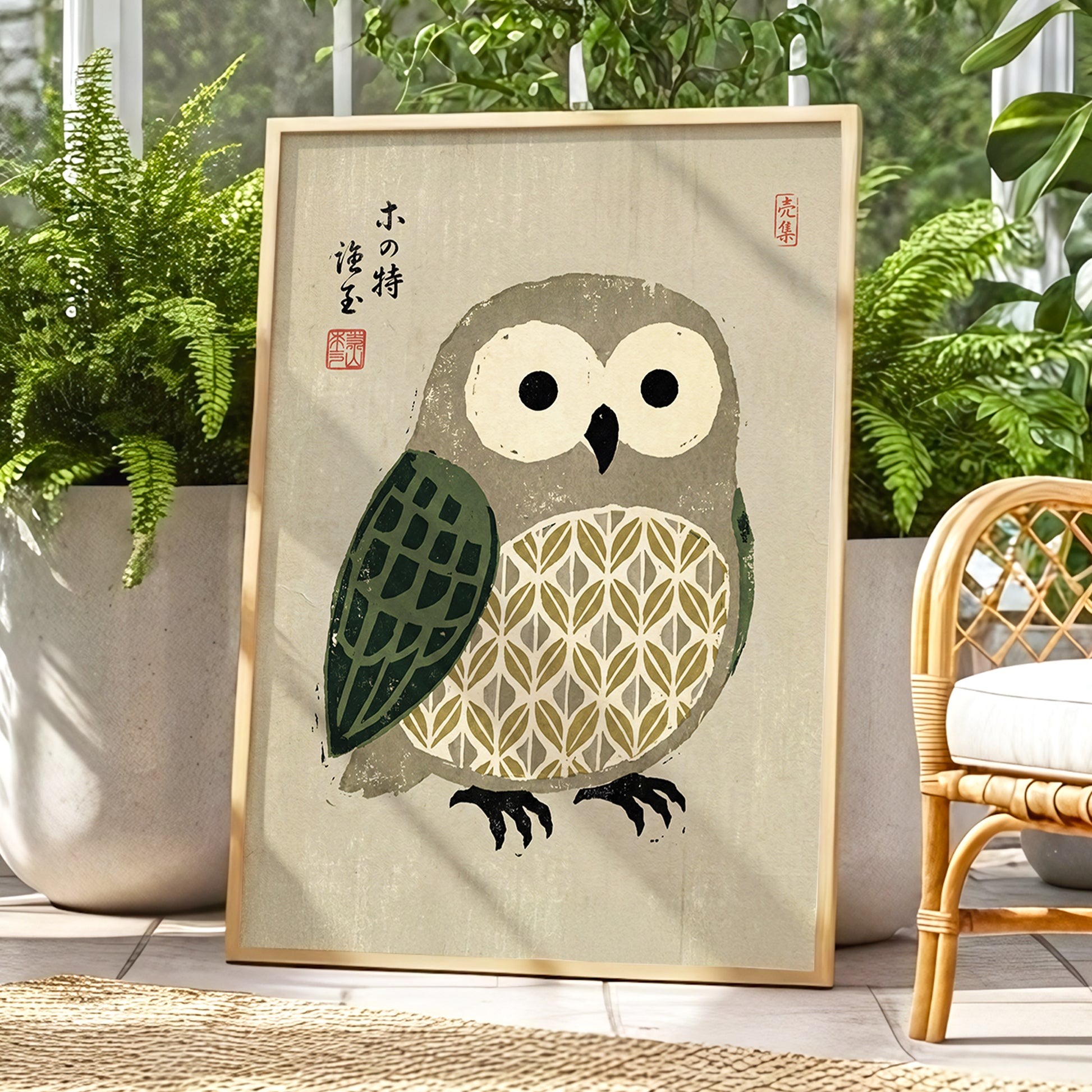 Patterned Owl Study, beige, gray, green nature wall art displayed in a styled interior, gallery view 2