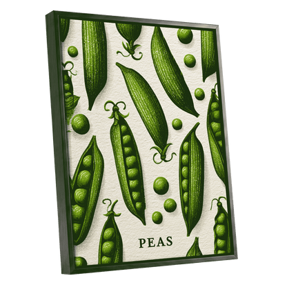 Pea Pod Parade, green, beige, white nature wall art shown as a black framed canvas wall art