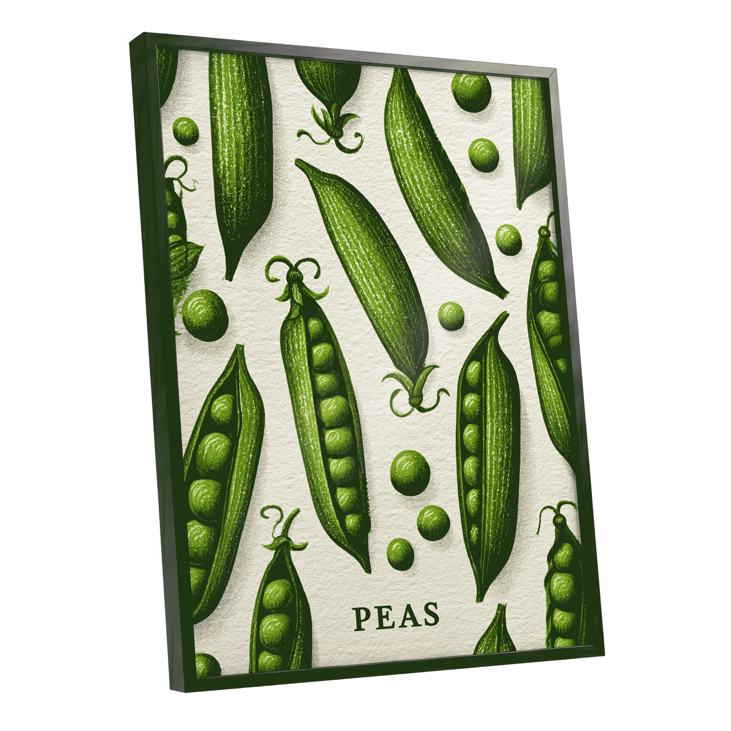 Pea Pod Parade, green, beige, white nature wall art shown as a black framed poster wall art print
