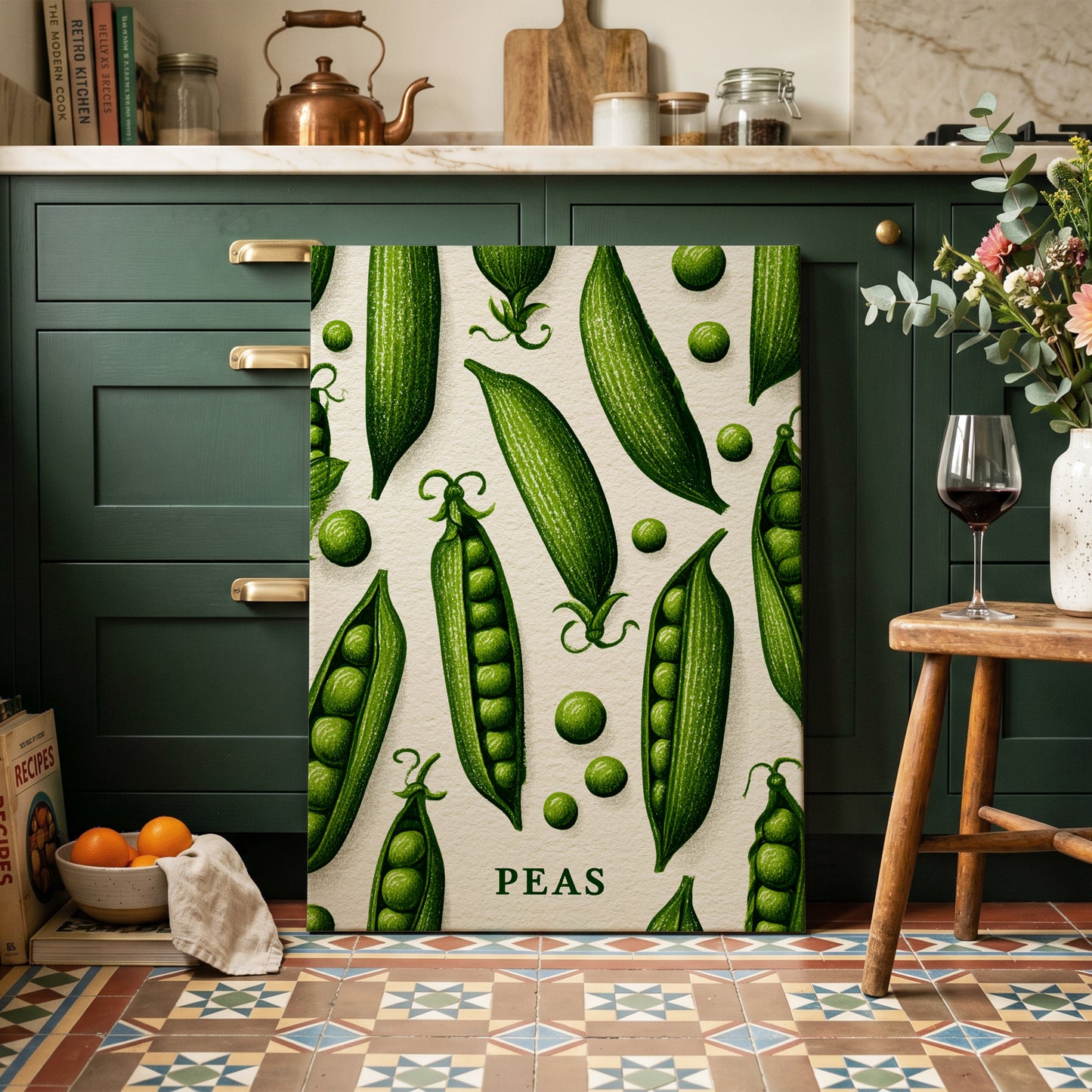 Pea Pod Parade, green, beige, white nature wall art on canvas displayed in a styled interior, gallery view 1